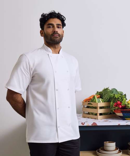 Studded front short sleeve chef's jacket